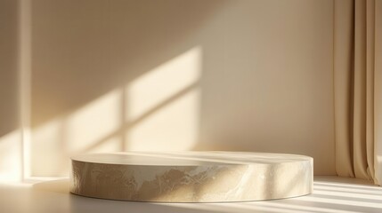 elegant stone podium in minimalist setting soft shadows and warm lighting perfect for showcasing luxury cosmetic products with sophistication