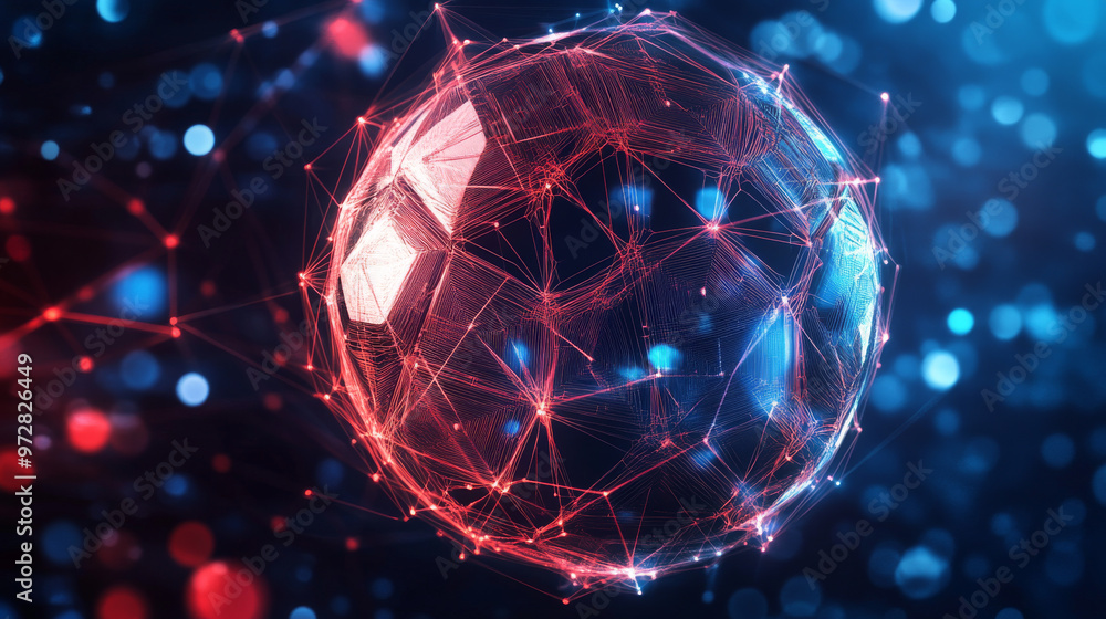 Poster a futuristic vector illustration of a football, designed with a technology-driven wireframe mesh and