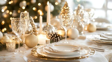 elegantly decorated christmas dining table with gold and white theme sparkling candles and festive centerpieces creating warm inviting atmosphere