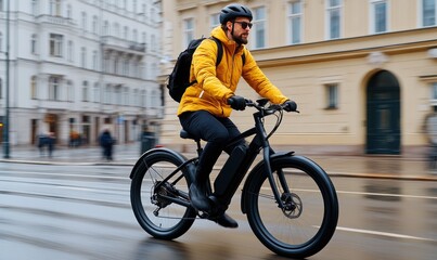 Businessman Riding Electric Bike Home from City in Suburban Setting