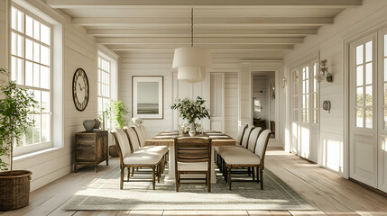 A bright dining room featuring a long table, chairs, and large windows.