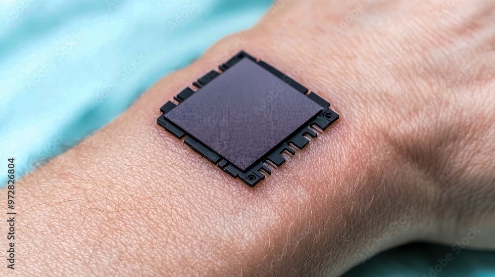 Poster a close-up of a microchip placed on a wrist, symbolizing advanced technology and wearable devices.