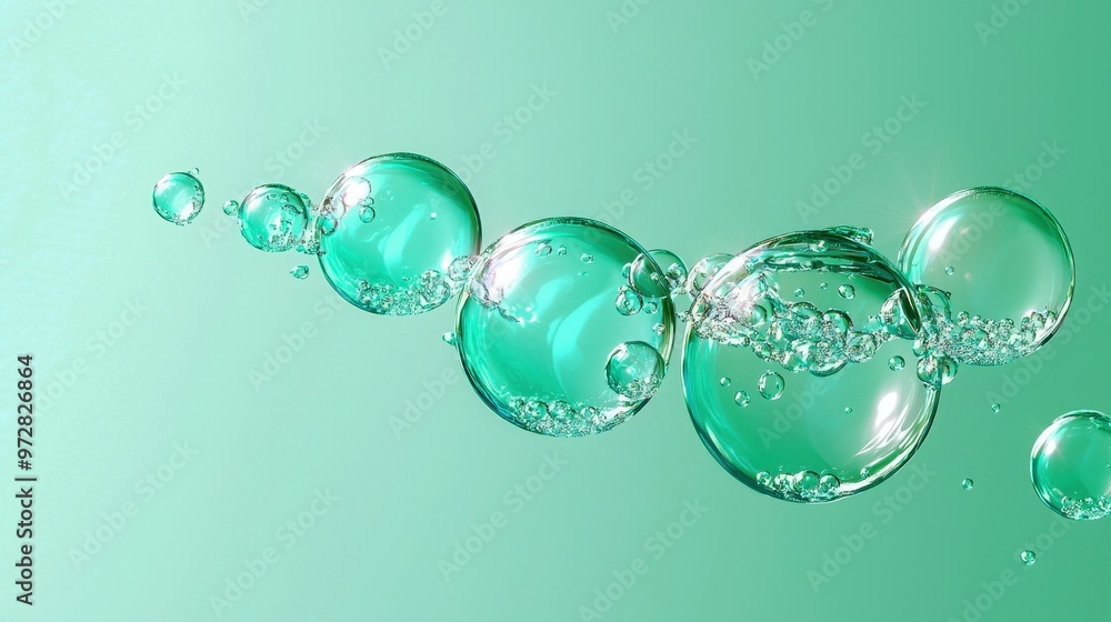 Poster a serene image capturing floating bubbles against a soft green background, creating a refreshing and