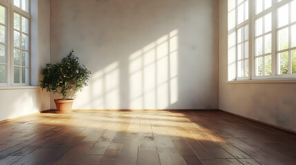 A bright, empty room with wooden floors and a potted plant, illuminated by sunlight.