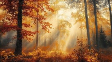 enchanted autumn forest with towering trees in rich gold and crimson misty atmosphere with rays of sunlight piercing through the canopy