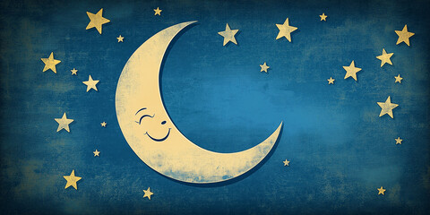 Naklejka premium Old-fashioned crescent moon and stars illustration on textured indigo background, copyspace above 