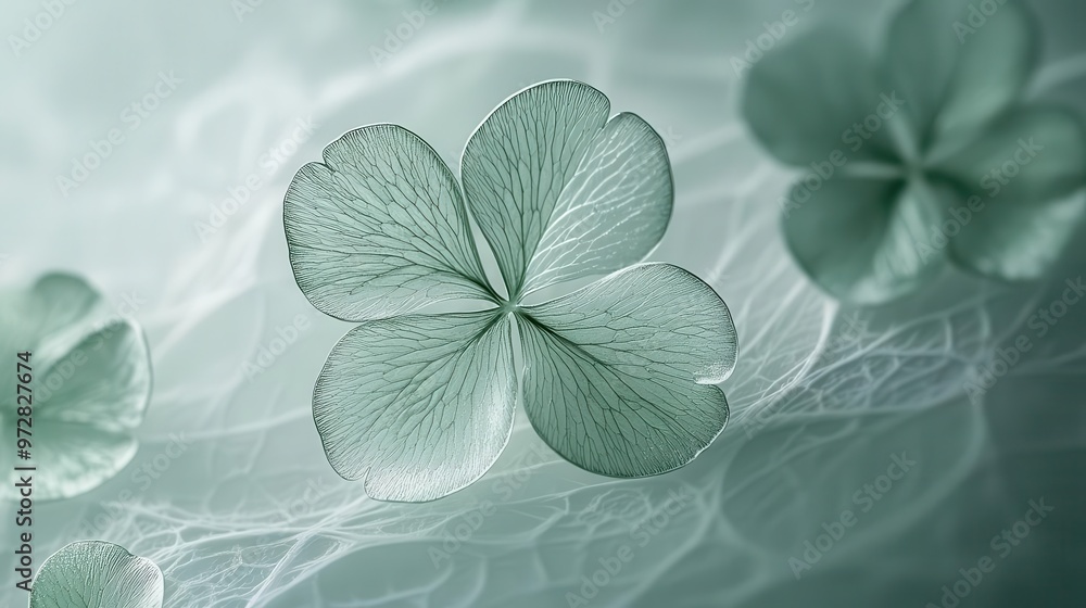 Poster enchanted emerald clover floating in a mystical white void delicate veins and intricate details visi
