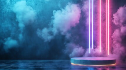 A colorful neon-lit stage surrounded by mist and fog, perfect for futuristic or sci-fi themed concepts in photography or design.