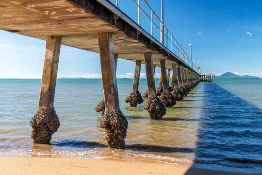 Pier and golden beach in Cardwell town in Queensland, Australia. Cardwell&nbsp;is coastal town and rural locality&nbsp;in Cassowary Coast Region.