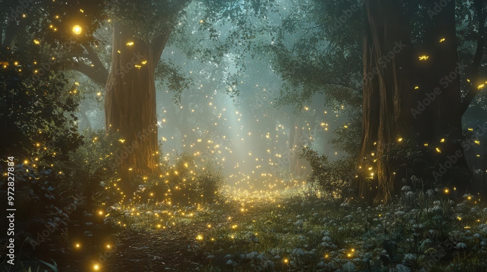 Poster enchanted forest bathed in ethereal light misty atmosphere with towering ancient trees glowing firef