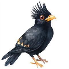 cute Crested Myna watercolor clipart illustration isolated