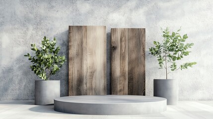 Minimalist concrete stage with wooden backdrop and two potted plants, perfect for modern exhibition displays and presentations.