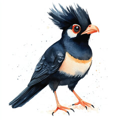 cute Crested Myna watercolor clipart illustration isolated