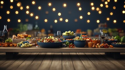 Abundant festive table setting with food, drinks, and warm string lights.