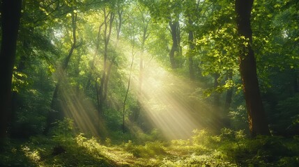 Obraz premium enchanted forest scene with golden sunbeams piercing through a canopy of lush green leaves creating a magical interplay of light and shadow on the forest floor