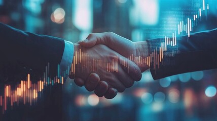Business partners shake hands in a modern urban setting with a financial graph overlay during a successful deal negotiation