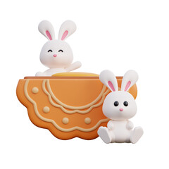 Happy mid autumn festival with cute rabbit and mooncake, traditional celebrations in Asian, 3d rendering.