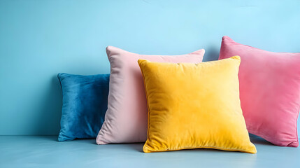 A collection of colorful, plush cushions arranged against a blue background.