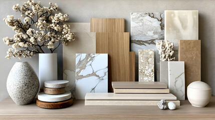 A collection of decorative materials and textures arranged aesthetically for design inspiration.