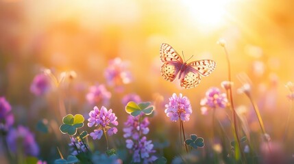 enchanted meadow at golden hour with delicate clovers and vibrant wildflowers in soft focus ethereal butterfly with translucent wings catching the sunlight creating a magical dreamlike scene