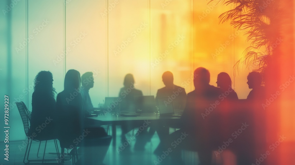 Poster a diverse group of business professionals engaged in a brainstorming session around a conference tab