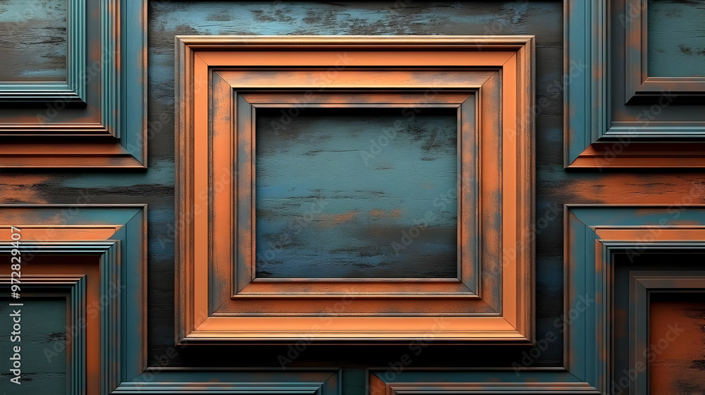Poster a collection of ornate picture frames in varying sizes and colors against a textured background.