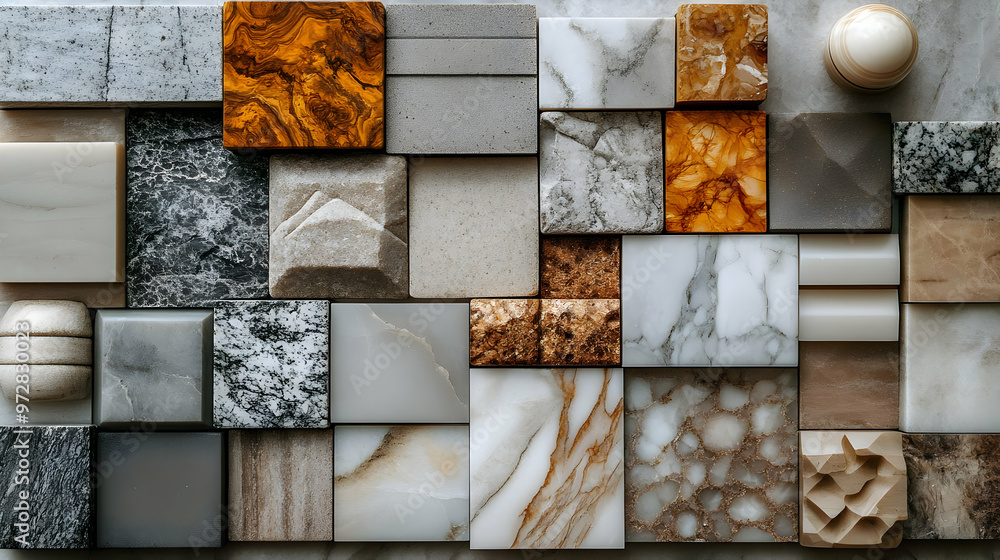 Poster a collection of various stone and tile samples arranged in an artistic layout.