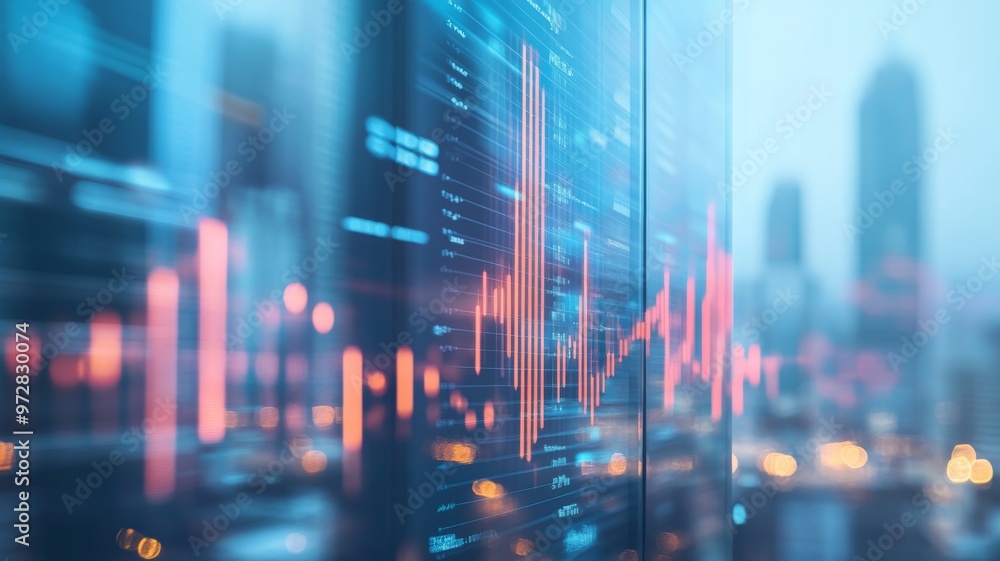 Poster abstract financial data visualization in a modern city setting during twilight hours, showcasing dyn