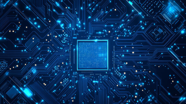 A detailed digital vector illustration showing an AI chip from a top view, set against a technology-themed blue background. The light blue microchip features an abstract circuit board design, emphasiz