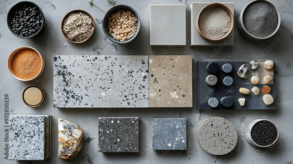 Poster a collection of various textured materials and aggregates arranged for design inspiration.