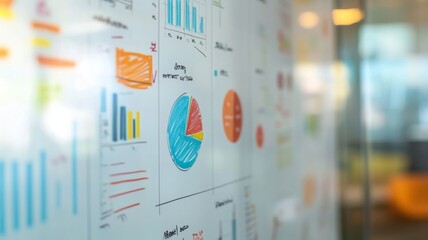 Colorful business graphs and charts displayed on a transparent wall in a bright office setting during the day