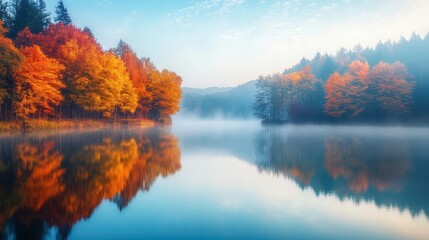 Fototapeta premium enchanting autumn landscape featuring a mirrorlike lake reflecting vibrant fall foliage with mist rising gently from the waters surface at dawn
