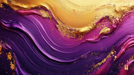 Vivid Abstract Brush Strokes in Purple and Gold with Textured Wave Pattern Background