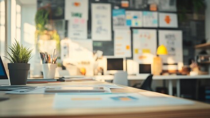 A creative workspace filled with art supplies, plants, and inspiring designs during a sunny afternoon