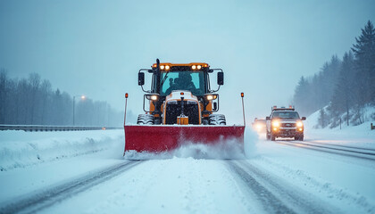 Close-up of a snow plow grader clearing a highway during heavy snowfall, with vehicles waiting behind.






