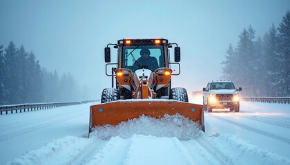 Close-up of a snow plow grader clearing a highway during heavy snowfall, with vehicles waiting behind.






