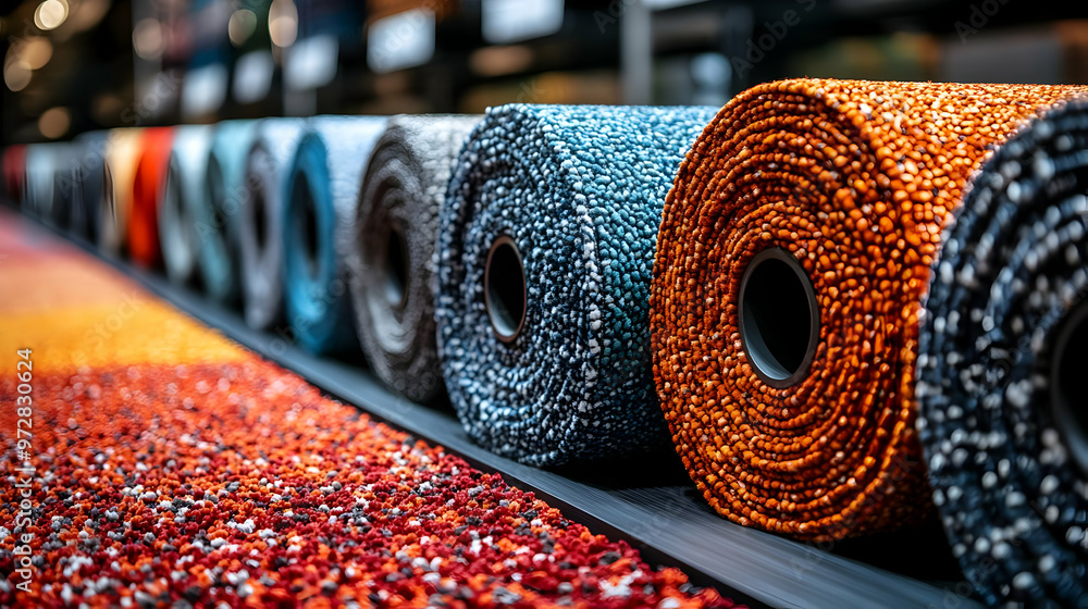 Poster a colorful display of rolled materials in a store, showcasing various textures and colors.