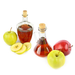 Apple vinegar in glass bottle and ripe apples isolated on white. There is free space for text. Collage.