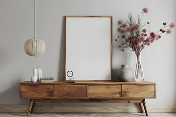 Design scandinavian interior of living room with wooden console, rings on the wall, mock up poster frame, flowers in vase and elegant personal accessories. Modern home decor 3d render. Generative Ai.