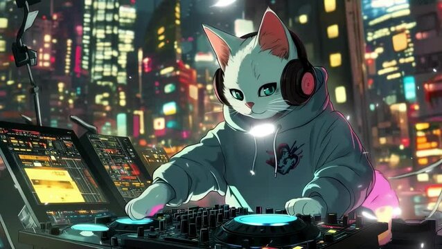 Lofi Hiphop Cat DJ with headphones in the night city. Anime Style.