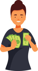 Happy young woman holding money cash dollars with a cheerful smile, financial well being concept