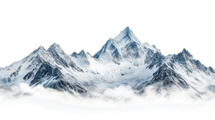 Snow-capped mountain peaks tower over a sea of clouds under a clear sky in a serene winter landscape