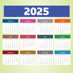 2025 calendar Creative horizontal calendar 2025 in English Days weeks and months Print vector