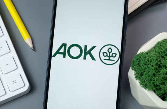New York, USA - 30 August 2024: AOK Logo on Phone Screen, Company Icon on Display