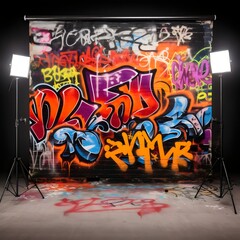 Colorful Graffiti Wall Backdrop with Studio Photo Lights, Mockup