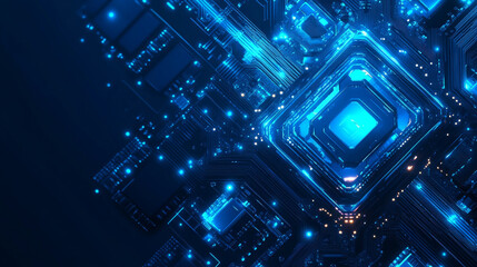 A detailed digital vector illustration showing an AI chip from a top view, set against a technology-themed blue background. The light blue microchip features an abstract circuit board design, emphasiz