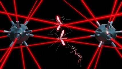 Photonic Fence. Laser beams killing mosquitoes. Lasers form barrier protecting against flying insects, zaps bugs with micro-bursts of high energy light. Insect killing lasers. 3d render illustration.