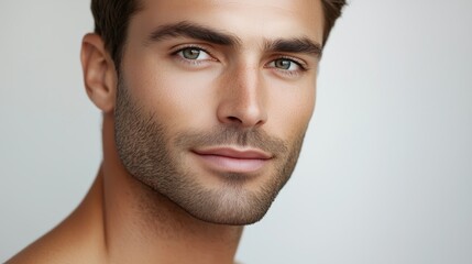 Fototapeta premium A young man with striking features and a confident expression poses against a neutral backdrop, showcasing his intricate facial structure