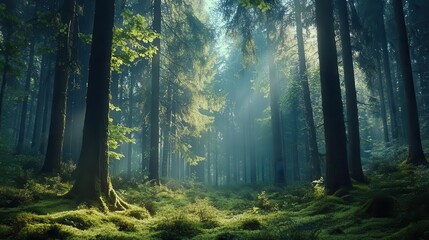 Obraz premium enchanting scandinavian forest scene towering evergreens draped in lush green moss misty atmosphere dappled sunlight filtering through dense canopy fairytalelike quality