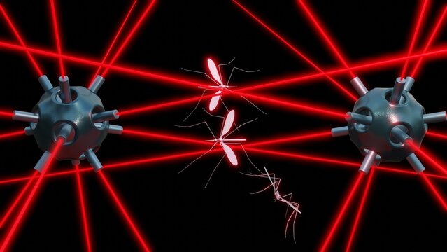 Photonic Fence. Laser beams killing mosquitoes. Lasers form barrier protecting against flying insects, zaps bugs with micro-bursts of high energy light. Insect killing lasers. 3d render illustration.